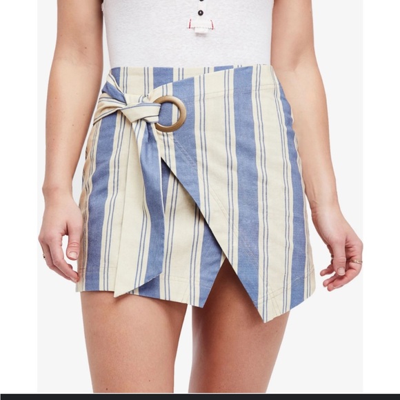 Free People Dresses & Skirts - Free people Linen blue canvas combo Striped Wrap Skirt w Ring Detail NWT